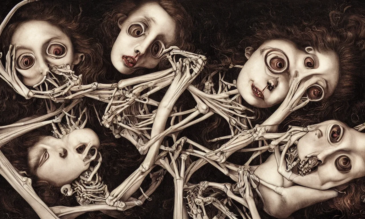 Image similar to intertwined bodies with large eyes and lips laying in bed, feeling an existential dread of love, HD Mixed media, highly detailed and intricate, skeletal, botany, surreal illustration in the style of Caravaggio, baroque dark art