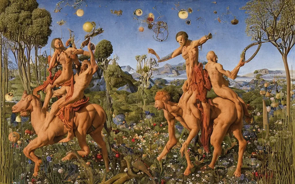 Image similar to a portrait photograph of a meditating satyr and a centaur monk riding a rocket machine and hunting at a river delta. surrounded by bulbous flowers and trees. mountain range under a blue sky of fiery stars. by jan van eyck, max ernst, ernst haeckel, ernst fuchs and artgerm, cgsociety, fashion editorial, 8 k