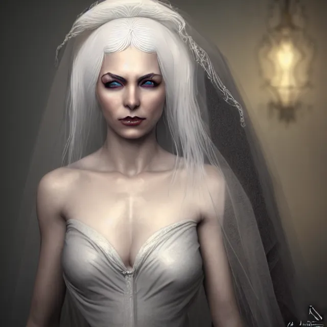 Prompt: a woman with white hair and a veil on her head, an ultrafine detailed painting by lise deharme, zbrush central contest winner, fantasy art, daz 3 d, zbrush, behance hd