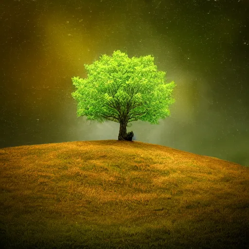 Prompt: photorealistic picture of a tree in a hill