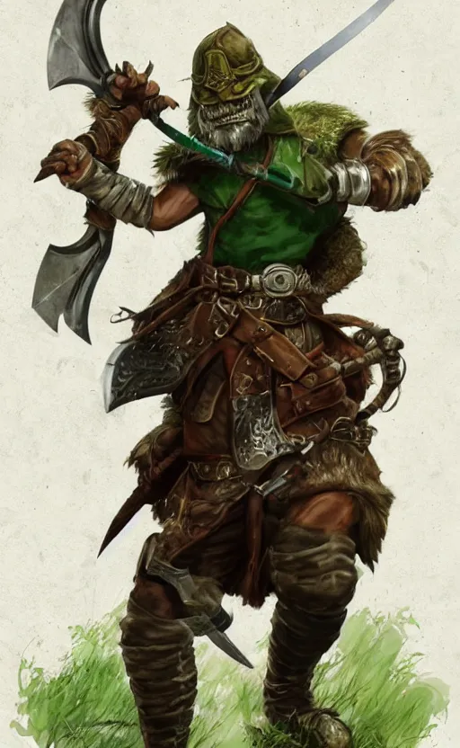 Image similar to strong young man, photorealistic bugbear ranger holding sword, fire magic, black beard, dungeons and dragons, pathfinder, roleplaying game art, hunters gear, jeweled ornate leather and steel armour, concept art, character design on white background, by norman rockwell, makoto shinkai, kim jung giu, artstation trending, poster art, colours red and green