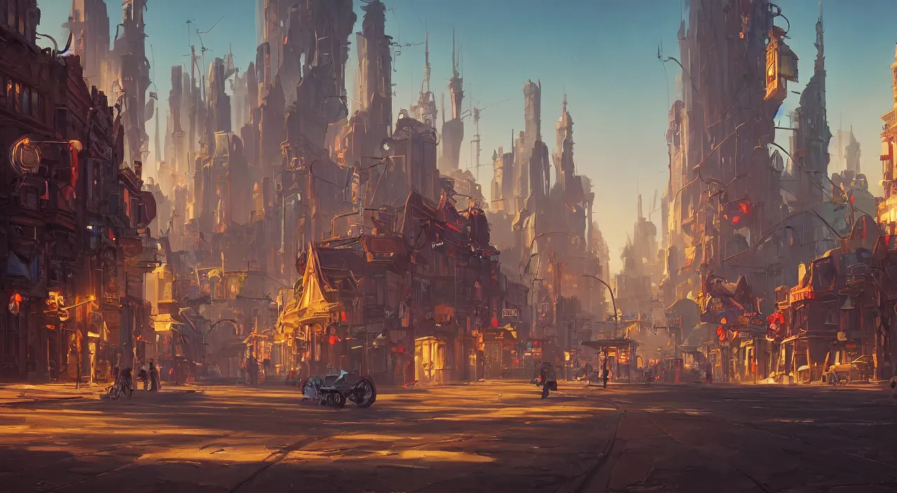 Prompt: a street level painting towards the horizon with high detail, sci - fi colorful victorian city at golden hour with sharp shadows by tyler edlin and sparth, wide angle lens, 4 k, vray, art nouveau influences. roger deakins, cinematic cinematography.