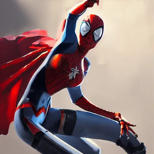 Image similar to greg manchess portrait painting of partially armored female iron spiderman as overwatch character, medium shot, asymmetrical, profile picture, organic painting, sunny day, matte painting, bold shapes, hard edges, street art, trending on artstation, by huang guangjian, gil elvgren, ruan jia, greg rutkowski, gaston bussiere