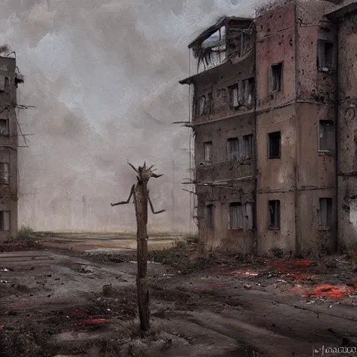 Image similar to painting of a abandoned post soviet town infested with humanoid root monsters by jakub rozalski