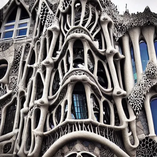 Prompt: “building made of intricate and detailed bones, designed by antoni gaudi”