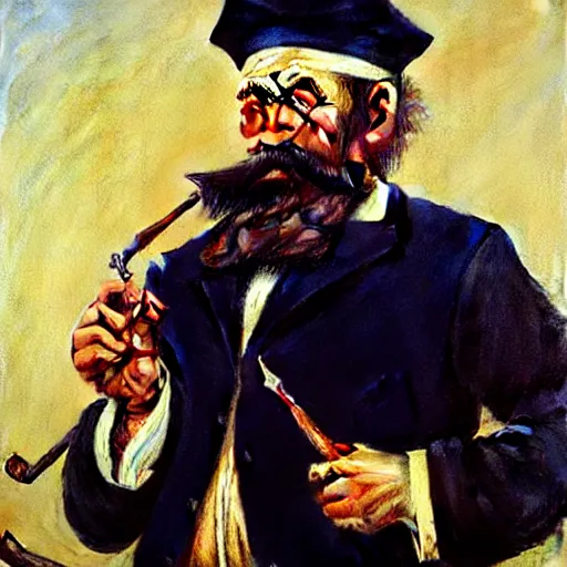 Image similar to painting of sailor hobo hyperrealism vasily vereshchagin holding a pipe