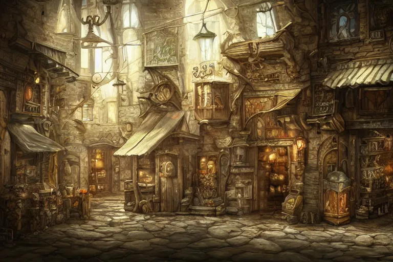 Prompt: A miniscule shop viewed from the inside, texture, intricate, details, highly detailed, masterpiece, architecture, building, trending on artstation, focus, sharp focus, concept art, digital painting, fantasy, sunny, day, midday, in the style of Dungeons and Dragons