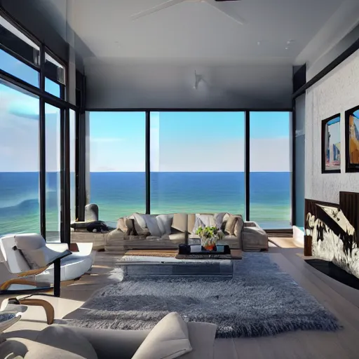 Image similar to contemporary interior design, beach house with luxurious living room and a scenic view of the sea and sun, photorealistic, ultra-detailed, high resolution, HDR shot