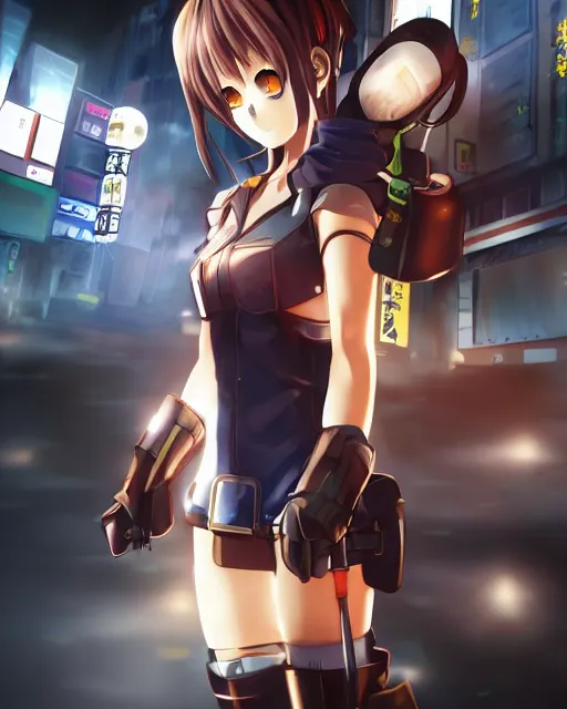 Image similar to full body portrait of anime girl in mechanic armor in night tokyo by makoto sinkai, perfect face, fine faces, fine anime face, fine details