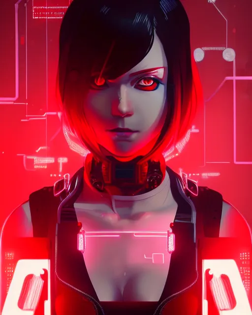 Image similar to a detailed potrait of a cyberpunk cyborg girl with black and red parts, perfect face, realistic shaded perfect face, detailed. night setting. very anime style. realistic shaded lighting poster by ilya kuvshinov katsuhiro, unreal engine, global illumination, radiant light, detailed and intricate environment