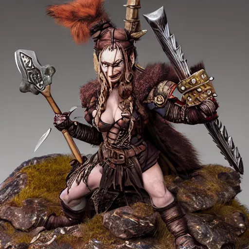 Prompt: A D&D tabletop miniature of a female barbarian berserker, clothed with cloth fur and leather hide armor, spiked pauldrons with axe, masterpiece sculpt on a round base with dirt rocks and grass, realistic, product photo, dramatic lighting, by John Howe, Artgerm, Simon Lee, Joe Jusko, Archvillain Games, TitanForge, Diablo