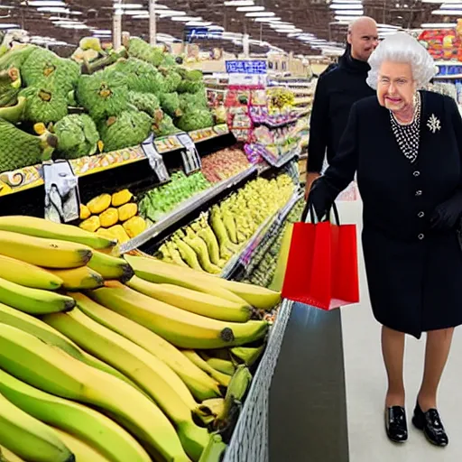 Prompt: Queen Elizabeth shopping for bananas at Wal-Mart