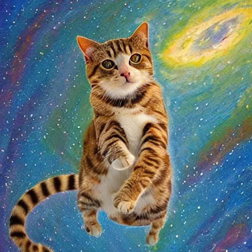 Prompt: impressionistic painting of a cat flying through the milky way
