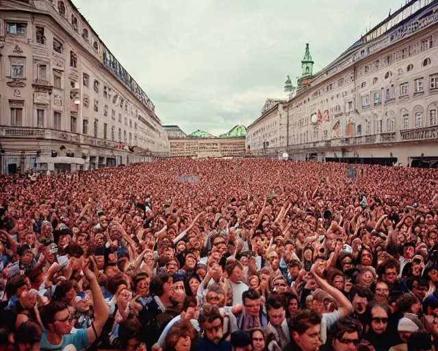 Prompt: crowd in vienna rage against mecha zack de la rocha with a broken leg, shot on kodak portra 4 0 0 3 5 mm film