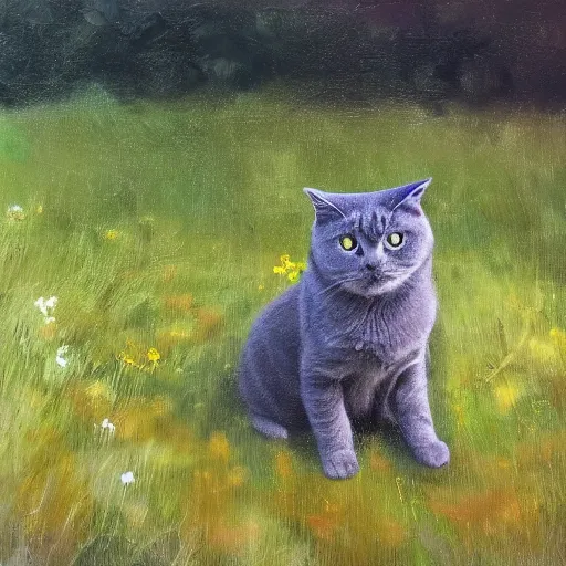 Prompt: a dark grey scottish fold cat sitting in the middle of sunny meadow, oil painting