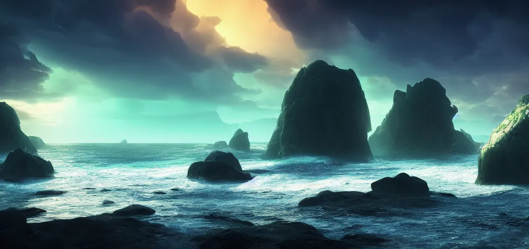 Prompt: beautiful view of a fantasy nighttime ocean beach, giant thin stone arch structures, waves, caustics, symmetry, floating rocks in the distance, unreal engine, dramatic lighting, ultra detailed, sharp, ambient occlusion, bloom, illumination, raytracing, vibrant, vivid colors, picturesque, by dylan cole and jordan grimmer