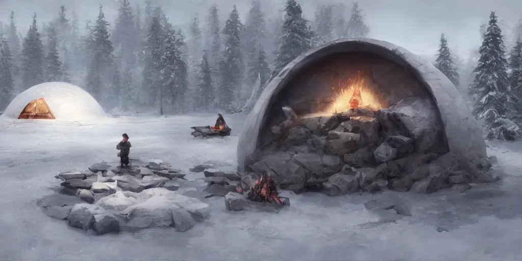 Prompt: an igloo in the tundra, with a campfire near the entrance, mysterious matte painting by ruan jia and craig mullins, trending on artstation