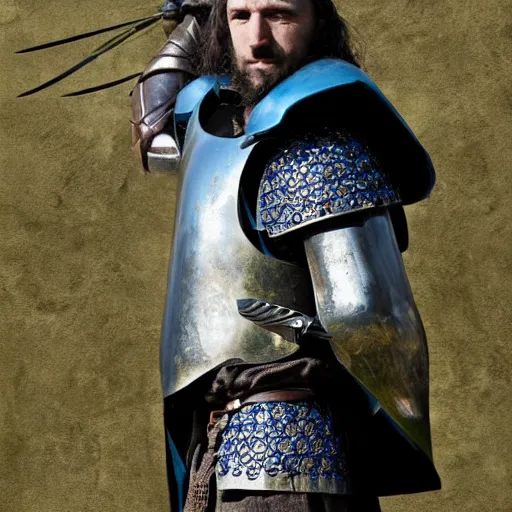 Prompt: an olive skinned, fierce, medieval stout knight with a blue tunic over chainmail, green pants with a black leather belt and a coin pouch, holding a blue kite shield with fleur - de - lis symbols, holding a short sword in a gladiator battle, game of thrones, realistic, photograph by fred r conrad / new york times