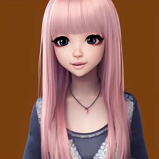 Image similar to Render of Nikki from Shining Nikki Dress-Up Game, a cute 3D young woman, long light pink hair, full bangs, full round face, hazel amber eyes, pale skin, cute freckles, light blush, Chinese heritage, smiling softly, wearing casual clothing, interior lighting, cozy living room background, medium shot, mid-shot, hyperdetailed, trending on Artstation, Unreal Engine 4k