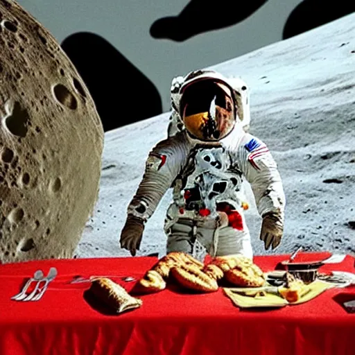 Image similar to a photo of an astronaut on the moon without his helmet, eating garlic bread, with knife and fork. | red tablecloth | earth in background | grey moon craters | 1 9 6 9 apollo 1 1 landing | 1 2 0 mm wide shot | clear details