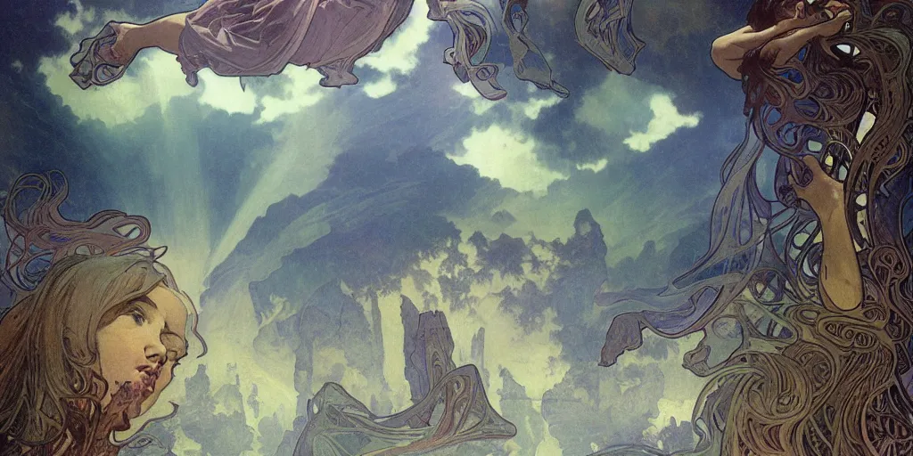 Image similar to photorealistic epic landscape with swirls of mist by alphonse mucha. ominous clouds, intense light beams, strange levitating stones, stones falling from the sky, delicate swirls of mist by alphonse mucha. occult photorealism, uhd, amazing depth, glowing, volumetric lighting, cinematic lighting.