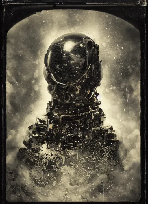 Image similar to old wetplate daguerreotype portrait of the birth of a super masked villain cyborg, explosion of data fragments, fractal, intricate, elegant, highly detailed, parallax, leica, medium format, subsurface scattering, by jheronimus bosch and greg rutkowski and louis jacques mande daguerre