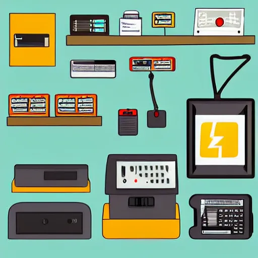 Image similar to cash register in front of a wall of electrical supplies and pluming supplies and food vector art