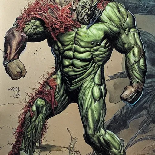 Image similar to by Simon Bisley, a cybernetically enhanced man on steroids growing out of an organic wall made of sinew and flesh