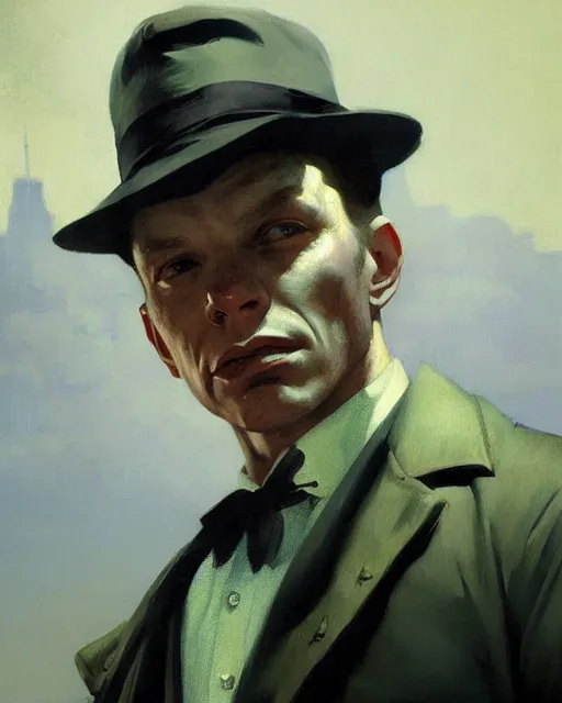 Image similar to young frank sinatra as a poor dystopian dieselpunk soviet bartender. art by greg rutkowski, gustave courbet, rosa bonheur, edward hopper. faithfully depicted facial expression, perfect anatomy, sharp focus, global illumination, radiant light, detailed and intricate environment, trending on artstation