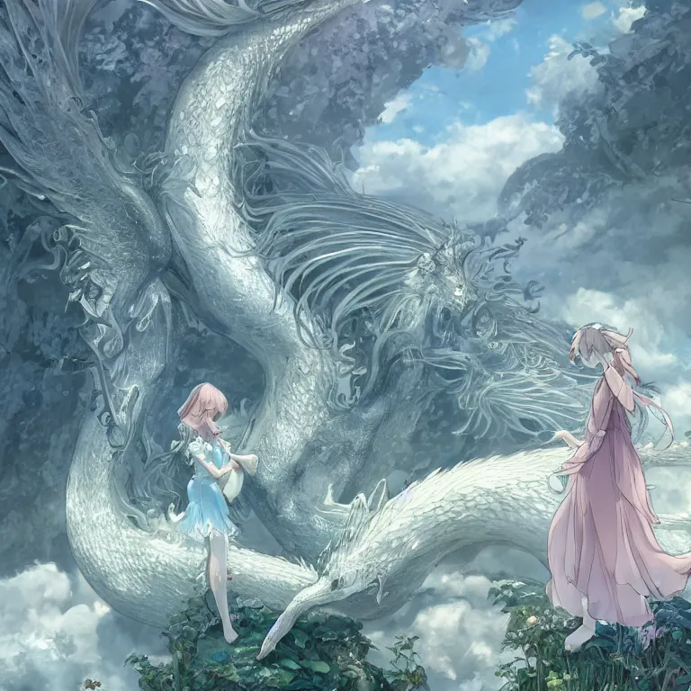 Image similar to the beautiful hyper detailed scene render that a lonely beautiful girl lies in the arms of a huge silver white dragon alone in fairyland surrounded by white clouds, finely detailed angelic face delicate features, style of studio ghibli, makoto shinkai, raphael lacoste, louis comfort tiffany, artgerm, james jean, ross tran, animation style, hd, ultra wide angle