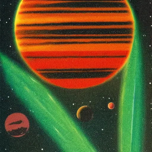 Prompt: a nasa spaceship entering the atmosphere of a planet, 1 9 7 0 s illustration, saturated colors