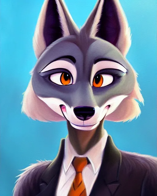 Image similar to oil painting of anthromorphic female wolf, in style of zootopia, female fursona, furry, furaffinity, 4 k, deviantart, furry art, fursona art, wearing black business suit, business suit, wolf fursona, female, very expressive detailed feminine face,