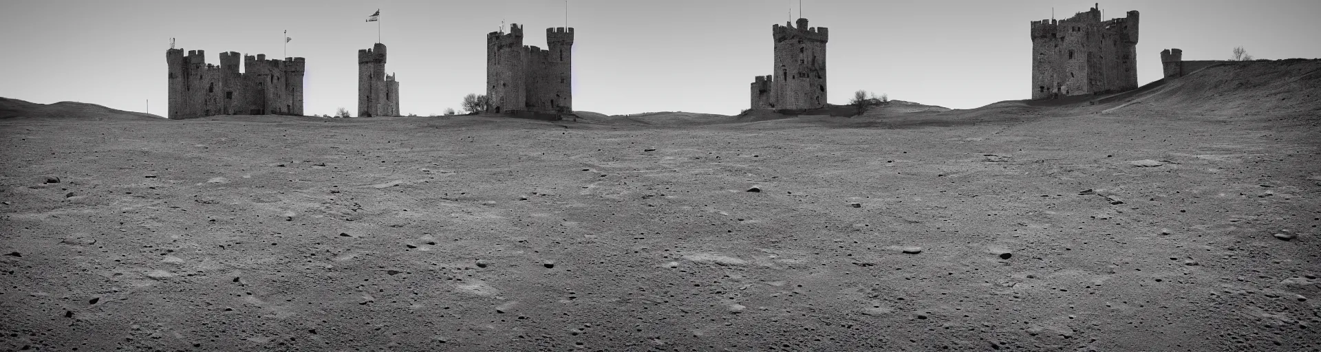 Image similar to landscape photography of the lunar surface with a spooky medieval castle tower on the far left