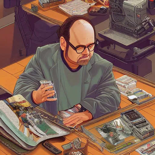 Prompt: the second coming of george costanza, by dan mumford, yusuke murata, makoto shinkai, ross tran, cosmic, heavenly, god rays, intricate detail, cinematic, 8 k, cel shaded, unreal engine, featured on artstation, pixiv