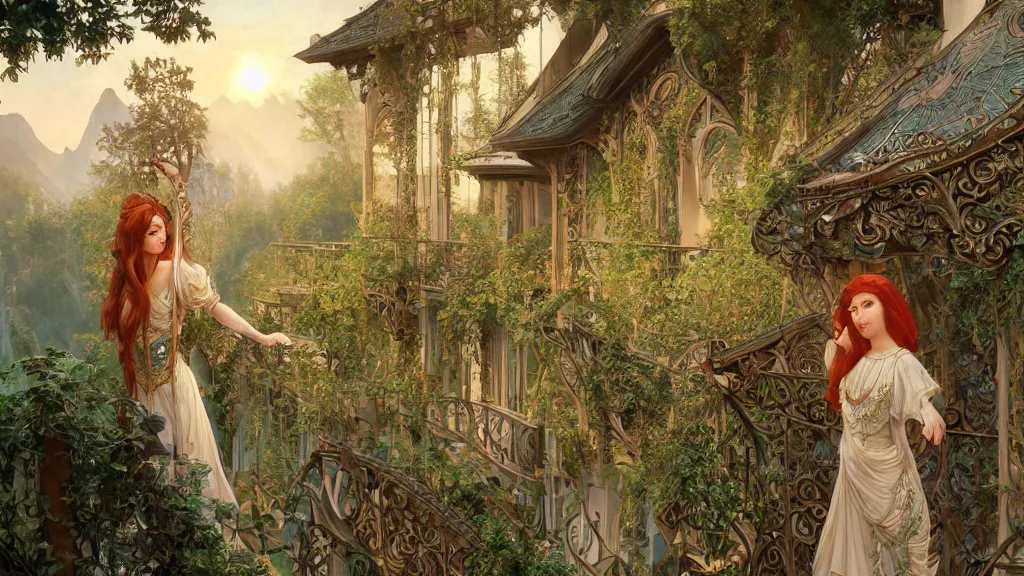 Image similar to a beautiful painting of a beautiful elven girl looking out from her balcony at art nouveau swiss chalet elven rivendell at sunrise, intricate, elegant, highly detailed, digital painting, artstation, concept art, by krenz cushart and artem demura and alphonse mucha