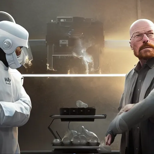 Image similar to Elon musk and Walter white making methamphetamine. 8k ultra realistic, award winning, unreal engine 5, masterpiece, atmosphere glow, hyperrealistic, focused, extreme details, cinematic