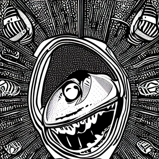 Image similar to alien in spaceship black and white illustration
