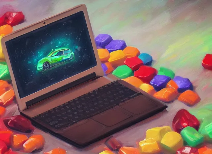 Image similar to concept design of cute laptop for a aaa game, must be made by types of candy the car, oil painting by eren arik and jama jurabaev, extremely detailed, brush hard, artstation, high quality, brush stroke