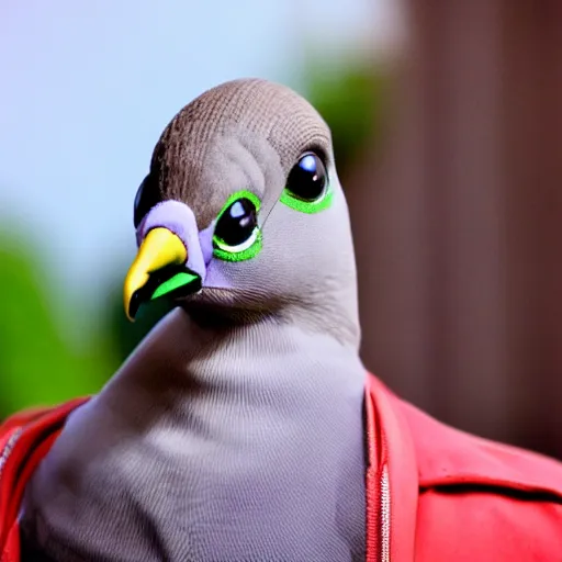 Image similar to anthropomorphic carrier pigeon with the face of jim carrey