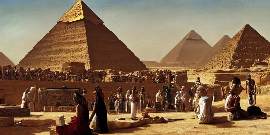 Image similar to Tutankhamun watching as the pyramids are being built in ancient egypt, sitting in a golden chariot, daytime painting by ludwig deutsch and rudolf ernst, lost civilizations, slaves in white robes, dramatic cinematic lighting, sharp focus, smooth, sharp focus, extremely detailed,