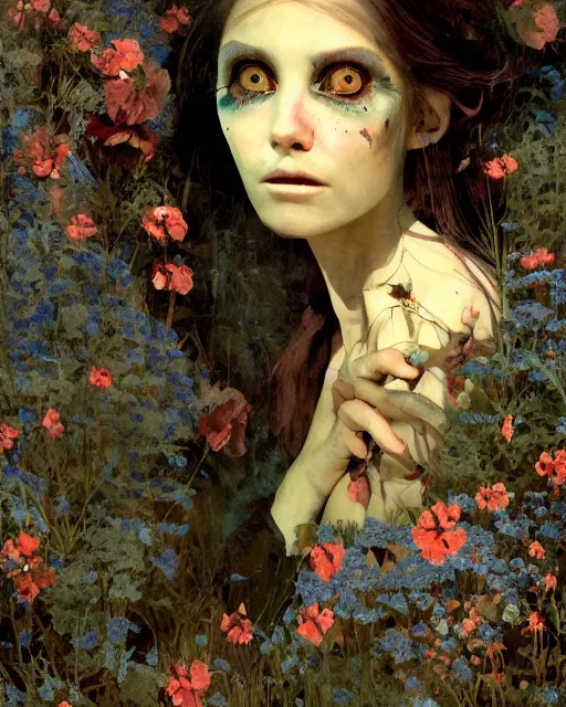 Prompt: a pretty but sinister and creepy goblin in layers of fear, cinematic lighting, with haunted eyes, violence in her eyes, 1 9 7 0 s, seventies, delicate embellishments, a little blood, woodland, blue dawn light shining on wildflowers, painterly, offset printing technique, by walter popp, alexandre cabanel