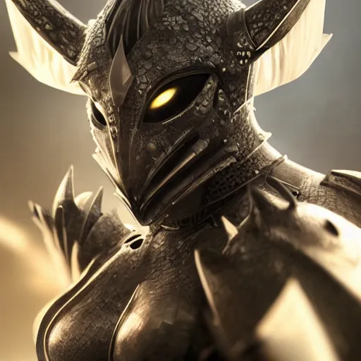 Image similar to stunning cinematic close shot of a beautiful female knight, but as an anthropomorphic female dragon, well designed highly detailed perfect female robot dragon head with slick LED eyes, well armored, sharp claws, HD octane render, fantasy, furry art, Artstation, Deviantart, Furaffinity