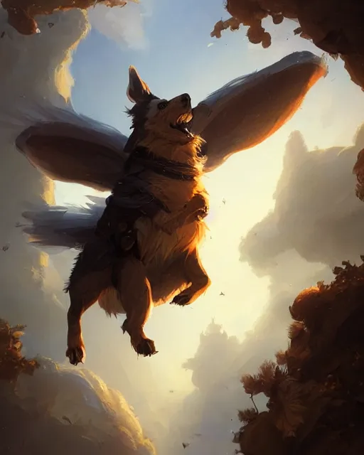 Image similar to a cute magical flying dog, fantasy art drawn by disney concept artists, greg rutkowski, golden colour, high quality, highly detailed, elegant, sharp focus, concept art, character concepts, digital painting, mystery, adventure