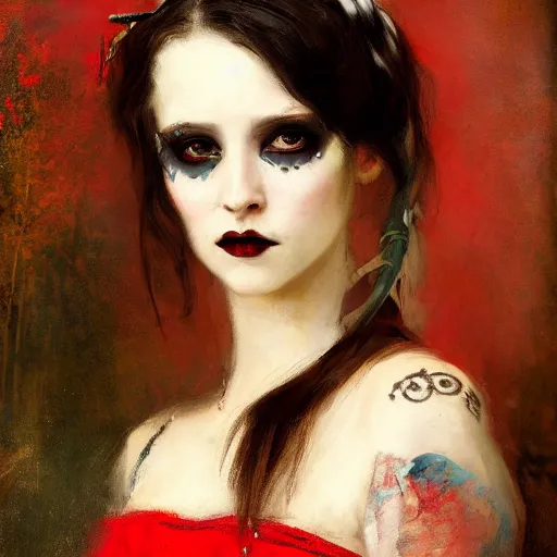 Prompt: Solomon Joseph Solomon and Richard Schmid and Jeremy Lipking victorian genre painting portrait painting of a young beautiful woman punk rock goth girl pirate wench in fantasy costume, red background