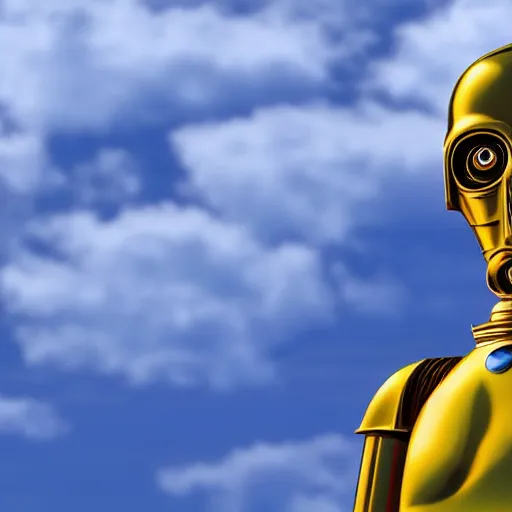 Prompt: image portrait of Simpson as C3PO in star wars, background blue sky puffy clouds cinematic 4k