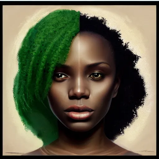 Prompt: a detailed matte oil on canvas head on symmetrical portrait of black skinned woman with long white and ( ( ( pale greenish ) ) ) hair, clothed by charlie bowater, lise deharme, wlop, trending on artstationhd, dungeons and dragons art critical role