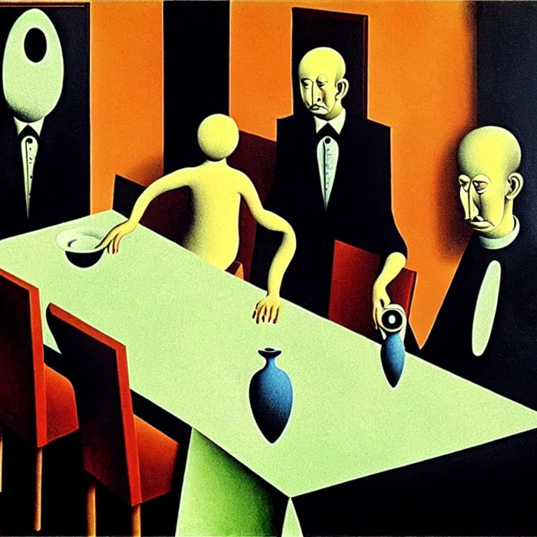 Image similar to a nuclear family staring at their smartphones during dinner, by salvador dali and rene magritte, soft colors, cool lighting, dark, surreal