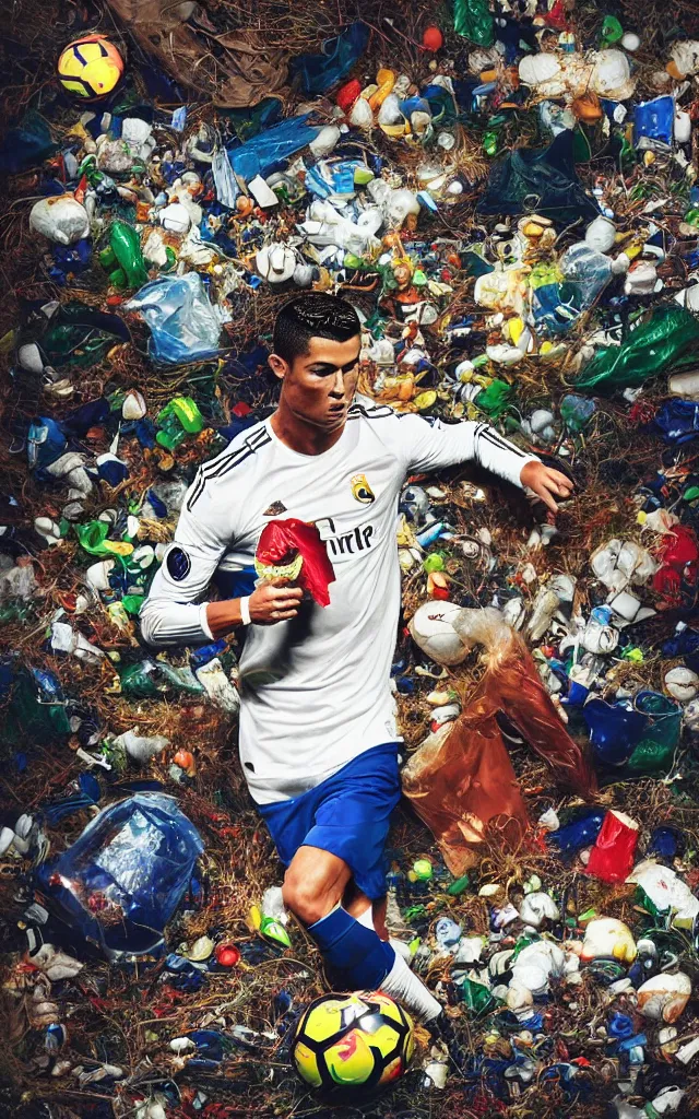 Image similar to cristiano ronaldo soccer player surrounded by trash and injured, nike ball and ambulance light flares, night earth crust, trail cam, realistic photography paleoart, masterpiece album cover