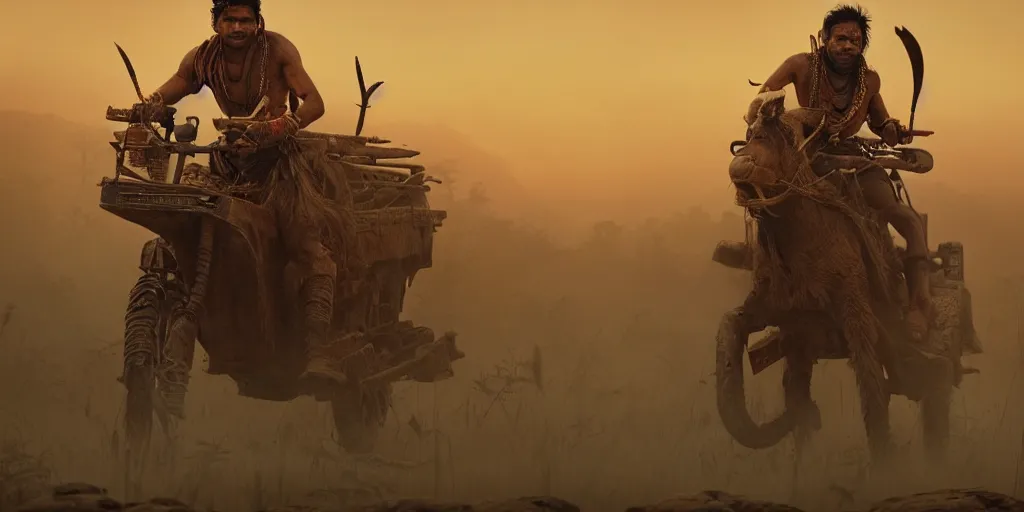 Image similar to solo ancient indian tribesman hunting on atv, chase ,attacking, action scene, an epic fantasy, dramatic lighting, cinematic, establishing shot, extremely high detail, photorealistic, cinematic lighting, artstation, octane render, by simon stalenhag, horizon forbidden west,old photo, high speed photography, vintage, mad max