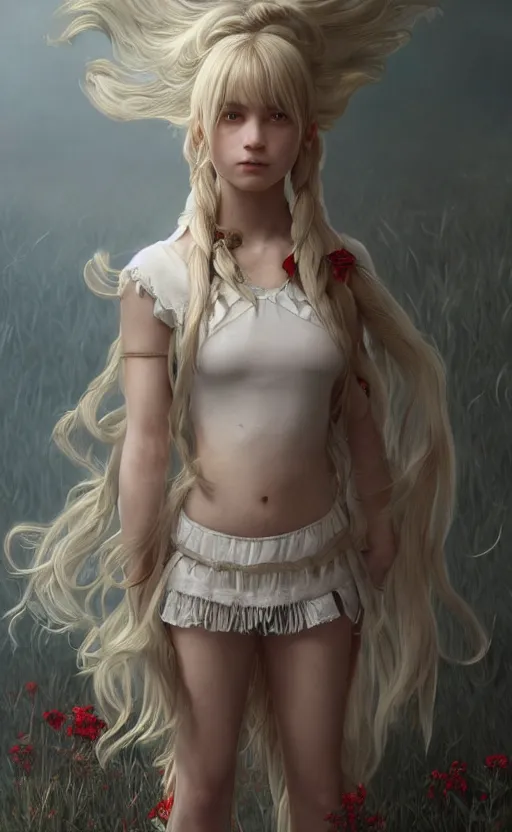 Image similar to full body shot of a young girl with blond twin tail hair and red eyes standing in front of a white wall, intricate details, eerie, highly detailed, photorealistic, octane render, 8 k, unreal engine, art by artgerm and greg rutkowski and alphonse mucha